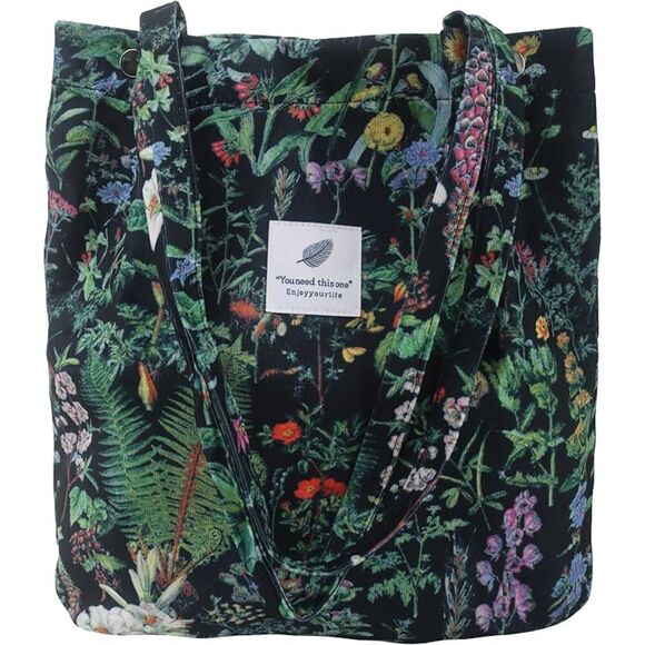 UNBRAND Handbags - Women Black Plant Imported Corduroy Small Canvas Shoulder Handy Tote Bag